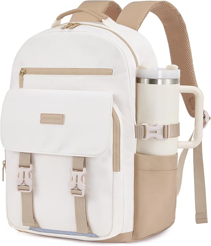 LOVEVOOK School Backpack for Teen Girls，Casual School Backpack 14-18 Teenage 15.6 Inch Laptop Bookbag, Cute Big Student Laptop Backpack for College Women Middle High School Daypack，Khaki Beige