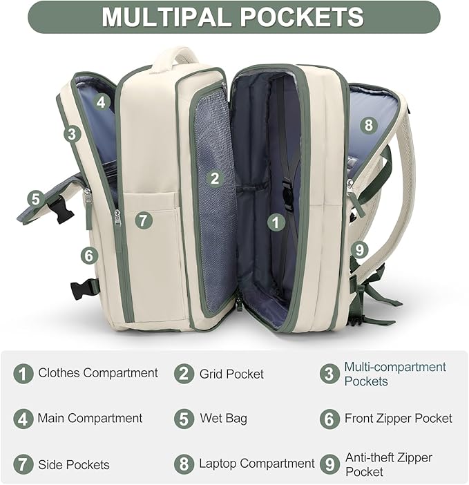 Casual Backpack Traveling Backpack, A-beige With Green, Expandable, Travel Backpacks