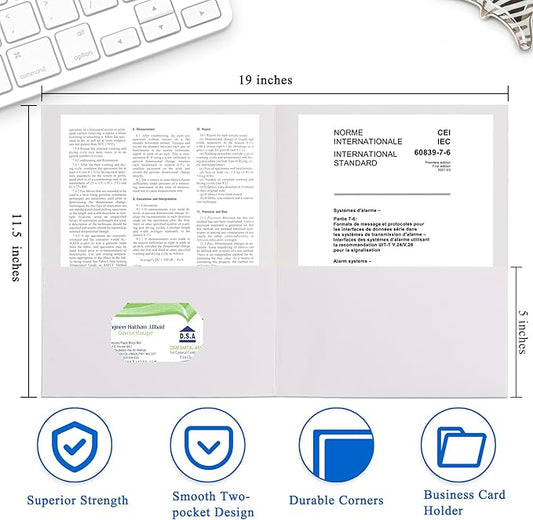 Zzrywuty 25 Packs Two Pocket File Folders with Business Card Slot,Textured Paper,Letter Size,Holds 100 Sheets for School,Office,Business,White