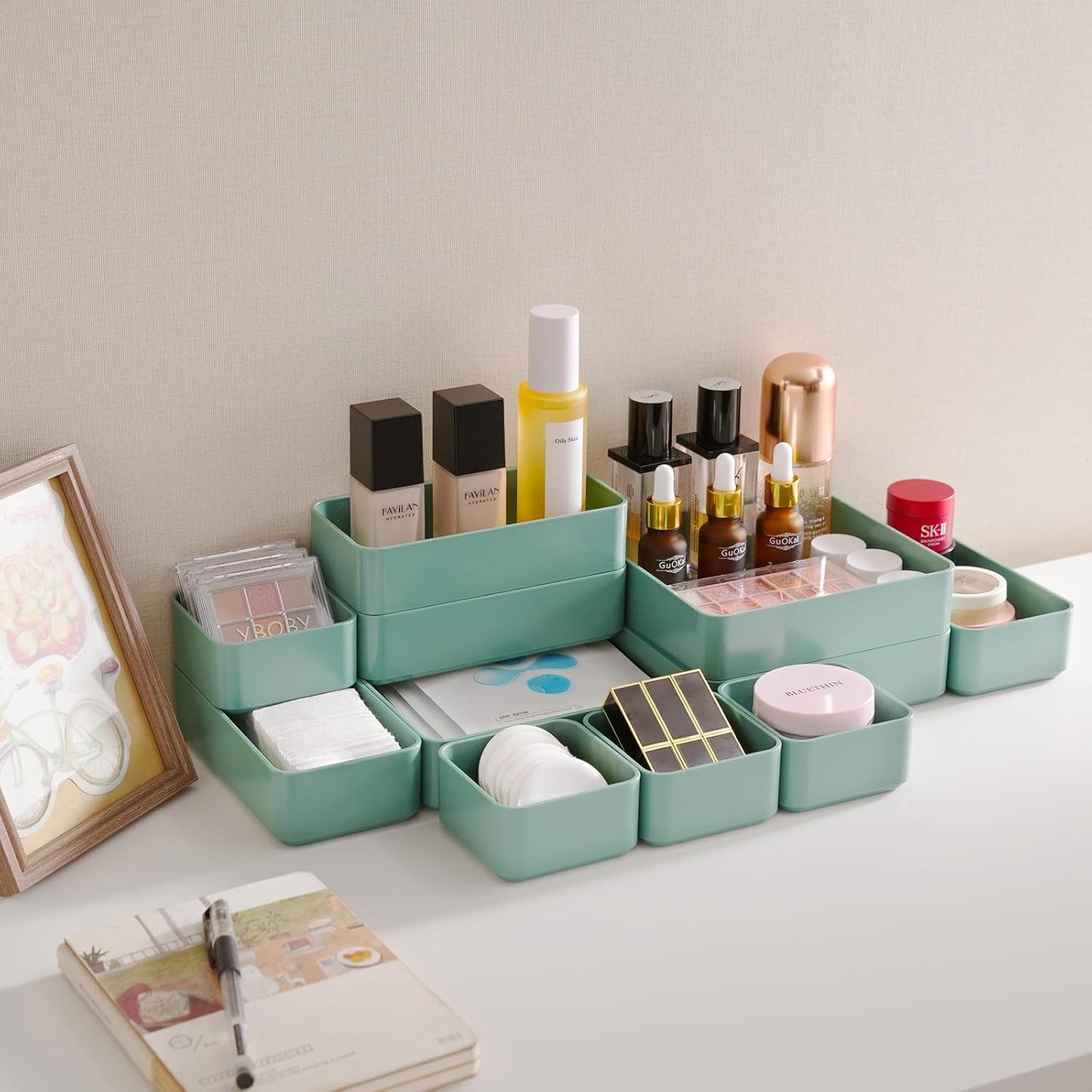 11-Piece Stackable Drawer Organizer Set, Multi-size Desk Drawer Organizer Trays Vanity Storage Bins for Storing Makeup, Stationery, Utensils in Bathroom Dresser, Office and Kitchen