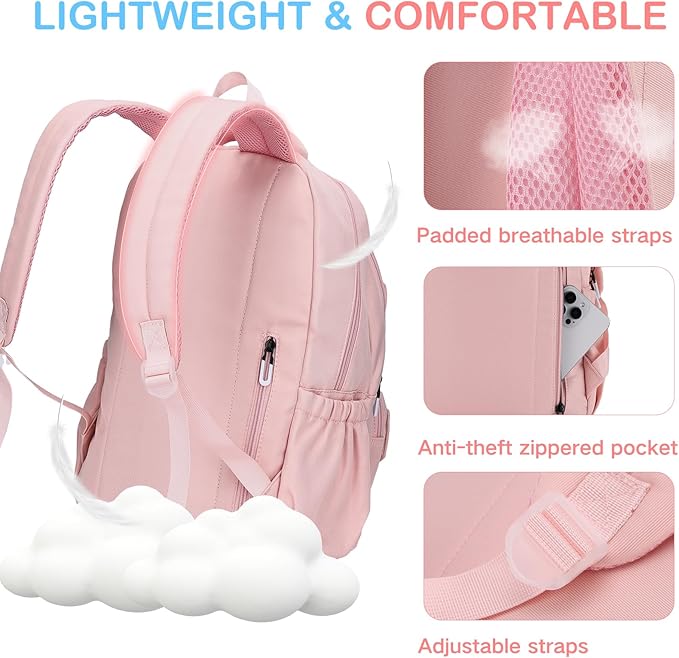 VASCHY Backpack for Girls, Cute School Bag Bookbag for Elementary Middle Schooler Teen Girls/Kids Travel with Clear Pin Pouch Pink