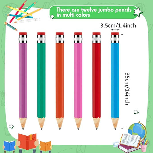 Lewtemi 12 Pcs Wooden Jumbo Pencils 14 Inch Funny Big Large Novelty Pencil Wood Cool Giant Pencil for Kids Home School Office Halloween Christmas Party Prop Gift Decor Toy, 6 Colors