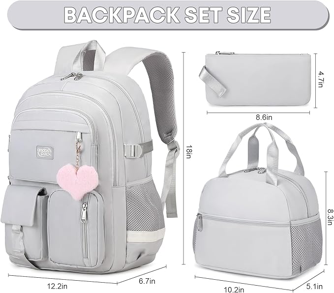 3PCS Backpack For School Women College Middle High Teen Girls Student Bookbag Waterproof Laptop Bag Grey
