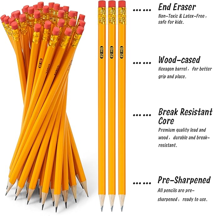 IKAYAS 50 Pack #2 HB Pencils Bulk Yellow Sharpened Pencils with Erasers for Kids, 2 Pre-sharpened pencils number 2 pencils for classroom office Supplies, Writing, Drawing and Sketching (Wood-Cased)