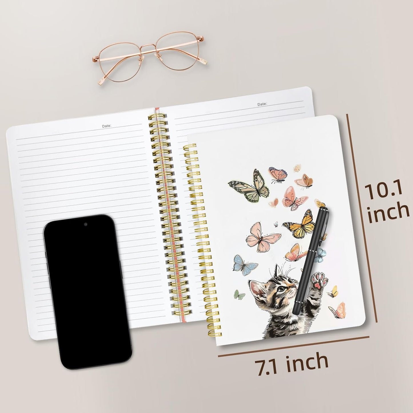 Cute Spiral Notebook journal B5 Aesthetic Pretty Design for Women Girls Kawaii with Pocket, 10 x 7.2 inch, Lined, Cat Butterfly