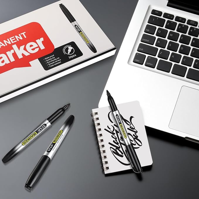 SFAIH Black Permanent Markers Bulk - 24 Pack, 1s Quick Dry, Non-Fading, Fine Point Permanent Pens for Plastic Glass Metal Wood Paper Stone, Office Classroom Kitchen, Doodling, Marking, Waterproof