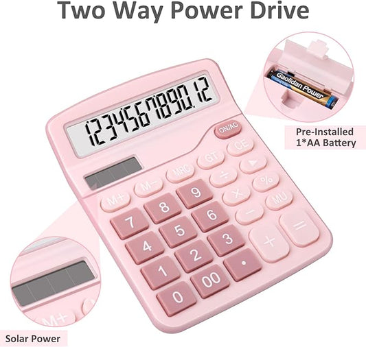 Calculators, Splaks 2 Pack Standard Functional Desktop Calculators Sola and AA Battery Dual Power Electronic Basic Calculator with 12-Digit Large Display for Office, Home, School (1 Blue & 1 Pink)