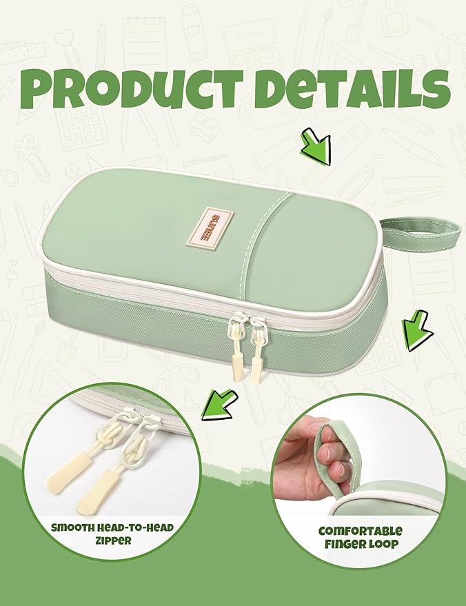 SUNEE Cute Pencil Case, Aesthetic Pen Pouch, Colored Large Pencil Bag with Zipper, Kawaii Stationery Storage and Organizer, Green School Supplies for Teen and Adult Girls