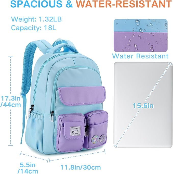 VASCHY Backpack for Girls, Cute School Bag Bookbag for Elementary Middle Schooler Teen Girls/Kids Travel with Clear Pin Pouch Sky Blue