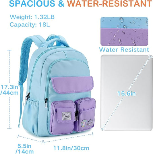 VASCHY Backpack for Girls, Cute School Bag Bookbag for Elementary Middle Schooler Teen Girls/Kids Travel with Clear Pin Pouch Sky Blue