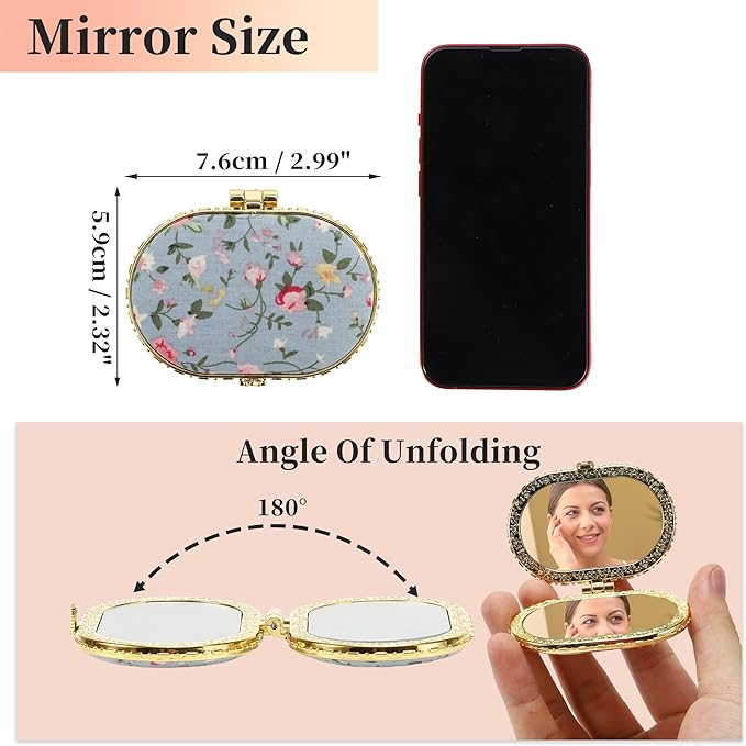VOCOSTE Compact Flower Pocket Mirror - Oval Mini, Vintage Folding Travel Portable Pocket Mirror for Women, Blue
