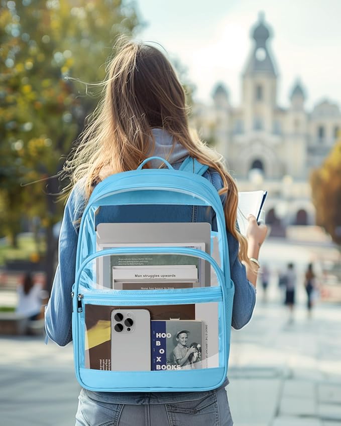 Clear Backpack, Heavy Duty Transparent Bookbag for School, Fabric & PVC Transparent Backpack with Reinforced Strap for Women Men, Capacity Clear Bag for College, Sky Blue