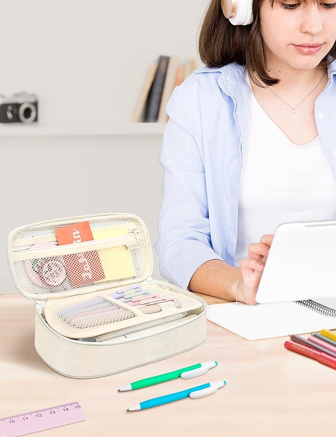 SUNEE Cute Pencil Case, Aesthetic Pen Pouch, Colored Large Pencil Bag with Zipper, Kawaii Stationery Storage and Organizer, School Supplies for Teen and Adult Girls, Beige