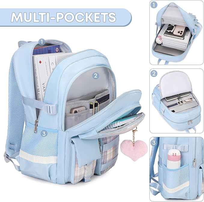 3PCS Student Backpack For School Women College Middle High Teen Girls Bookbag Waterproof Laptop Bag Plaid Blue