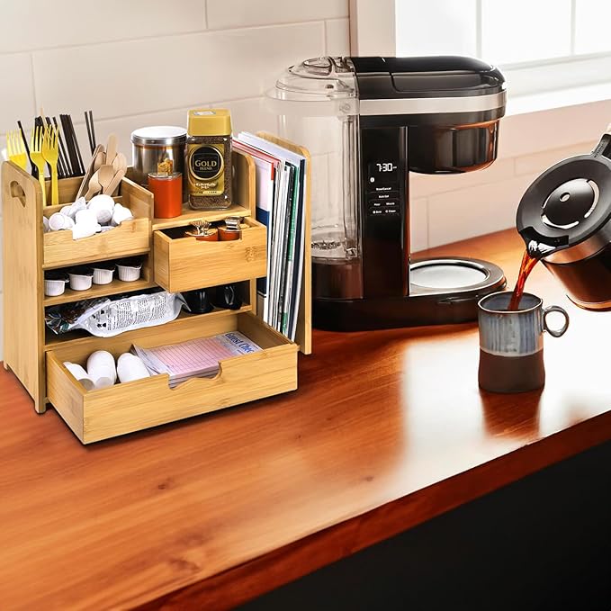 ZOOFOX Bamboo Desk Organizer with Adjustable File Holder, Mail Organizer Countertop with Drawer, 4-Tier Desktop Organization and Desk Accessories for Home Office School Supplies, No Assembly Required