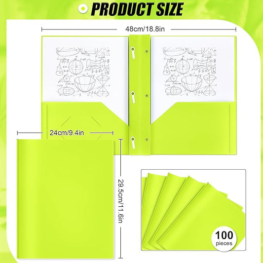 Lincia 100 Pcs Plastic Folders With 2 Pockets and Prongs for Office, School, Students, Teachers, Office Workers (Fluorescent Green)