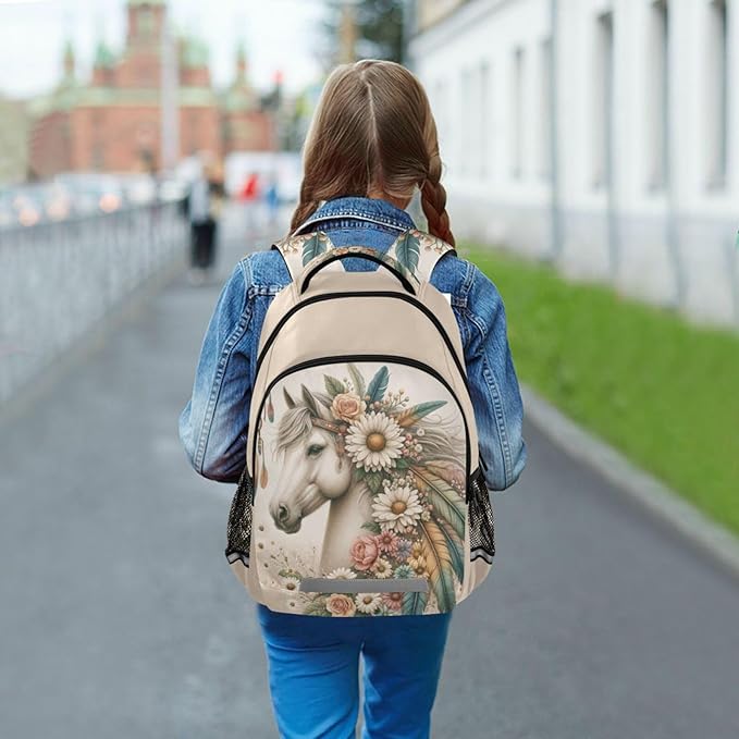 Horse Backpack for Students Boys Girls Horse Flowers Feathers School Bag Travel Daypack Rucksack
