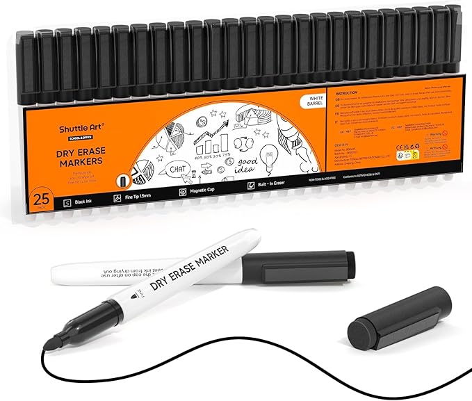 Shuttle Art Dry Erase Markers, 25 Pack Black Magnetic Whiteboard Markers with Erase, Fine Point Dry Erase Markers Perfect for Writing on Dry-Erase Whiteboards Mirrors Glasses for School Office Home