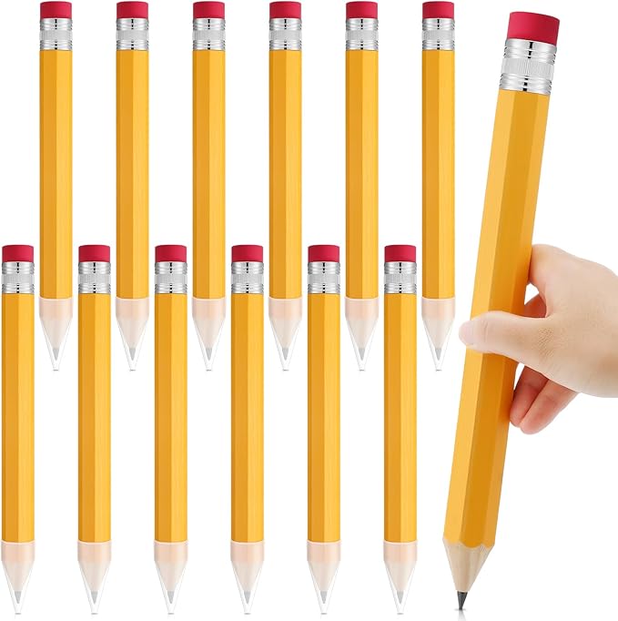 Leinuosen 12 Pcs Wooden Jumbo Pencils for Prop Gift Decor 14 Inch Giant Big Large Funny Novelty Comically Yellow Pencil with Eraser for School Office Party Favors