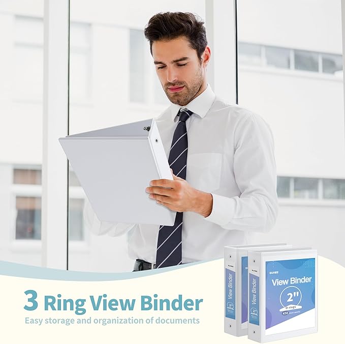 SUNEE 3 Ring Binder 2 Inch 8 Pack, Clear View Binder Three Ring PVC-Free (Fit 8.5x11 Inches) for School or Office Supplies, White