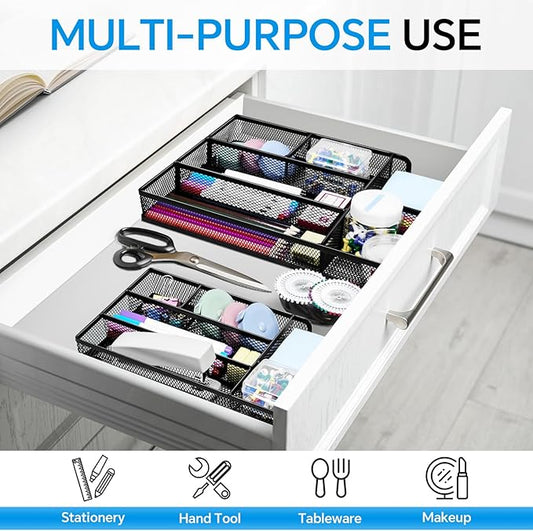 Desk Drawer Organizer, Office Drawer Divider Organizer Tray with 6 Compartments, Metal Mesh Desktop Organization and Accessories for Stationery Makeup Kitchen Toolroom School ＆ Office, 11x6.1x1.38 in