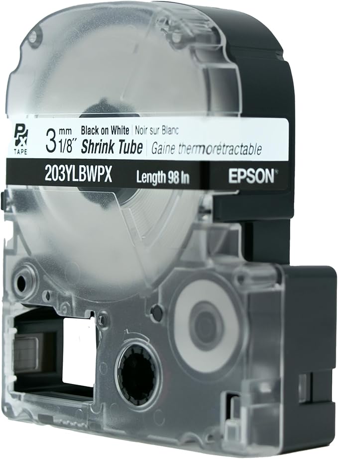 Epson LABELWORKS 203YLBWPX Genuine Tape Cartridge - Black on White Shrink Tube Industrial Label Maker Tape - AWG 16-22, 1/8" (3MM) Wide, 8 ft (98")