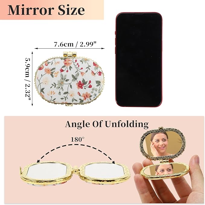 VOCOSTE Compact Mirror for Purses - Flower Pocket Mirror, Oval Mini, Floral Small for Purse, Vintage Folding Travel Portable for Women, White