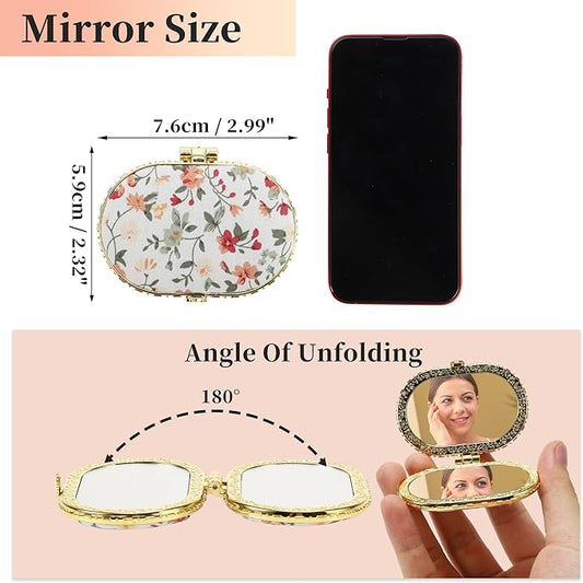 VOCOSTE Compact Mirror for Purses - Flower Pocket Mirror, Oval Mini, Floral Small for Purse, Vintage Folding Travel Portable for Women, White