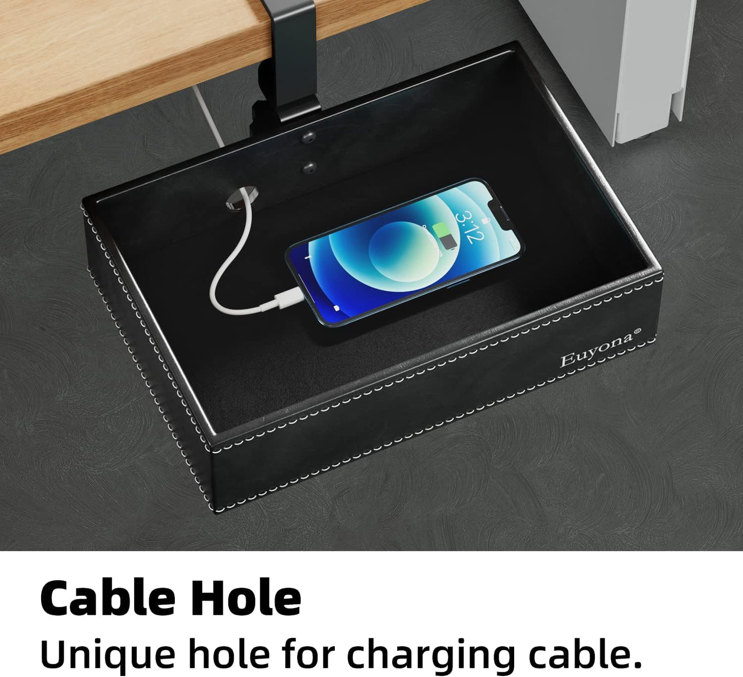 PU Leather Under Desk Organizer with 360° Rotating Clamp – for Computer Accessories, Stationery, Remote Control & Phone Storage, Black