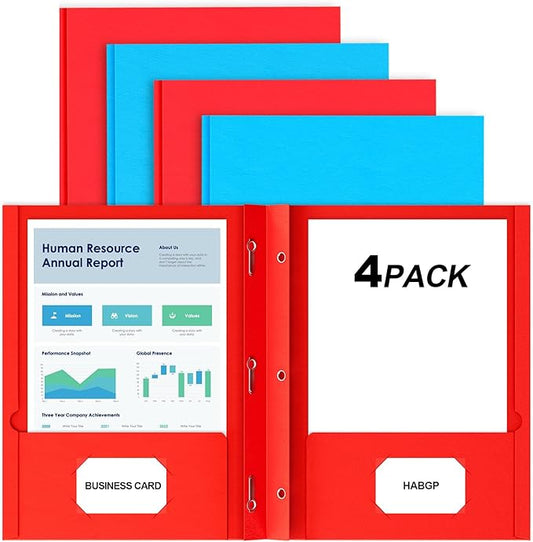 HABGP 4 Pack Two Pocket Folder with Prongs, 2 Color Paper Folders with Pockets and Business Card Holder, Folders with Pocket Fit Letter Size, Organizing Papers in School, Office & Business Red & Blue