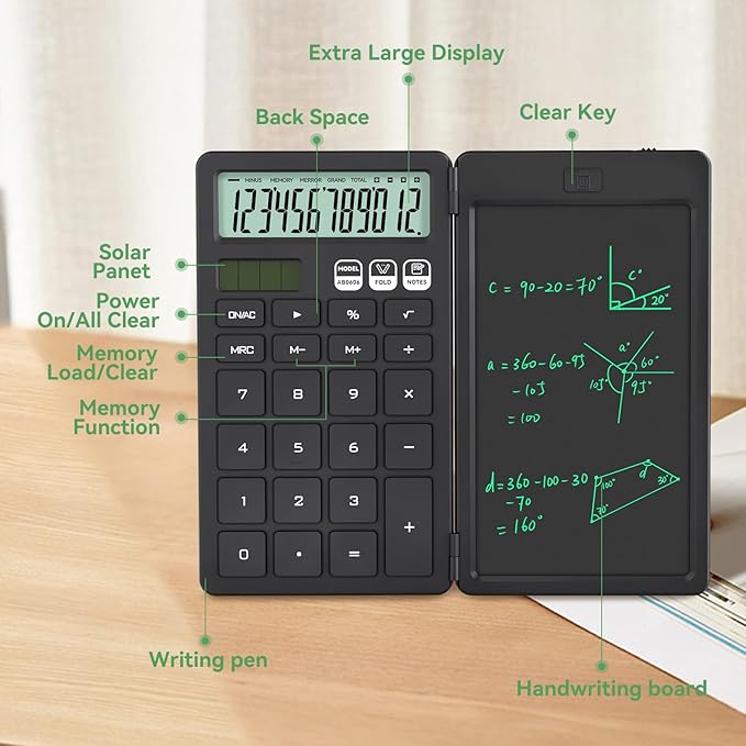 NEWYES Calculator, with Writing Tablet and Pen, Solar & Battery Powered, Suitable for Students, Families, Offices (Black)