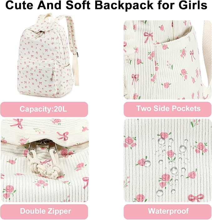 School Backpack for Teens Large Corduroy Bookbag Lightweight 15.6 inch Laptop Bag for Girls Women Casual High School College