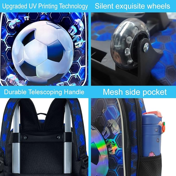 CCJPX 3PCS Soccer Rolling Backpack for Boys, Roller School Bookbag with Lunch Box, Football Water Resistant Wheeled Backpacks for Teens Elementary Travel-Blue