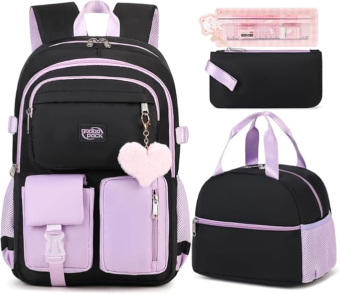 3PCS Backpack For School Women College Middle High Teen Girls Student Bookbag Waterproof Laptop Bag Black Purple