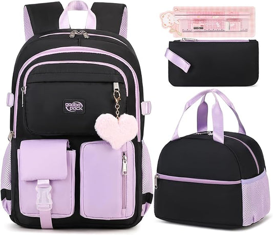 3PCS Backpack For School Women College Middle High Teen Girls Student Bookbag Waterproof Laptop Bag Black Purple