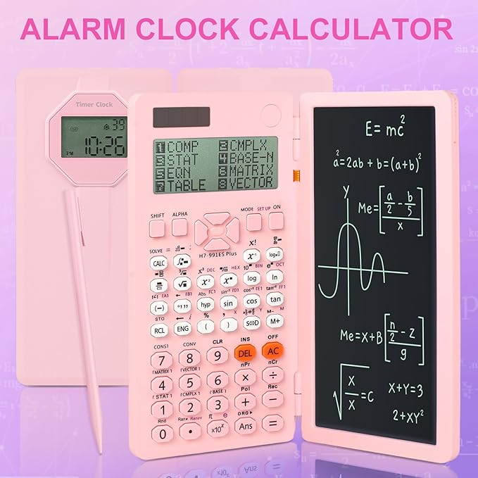 Scientific Calculators, Rudnia Pink Calculator with Alarm Clock, 417 Functions and Type-C Rechargeable, Ideal for Middle High School Students and Teachers (Pink)