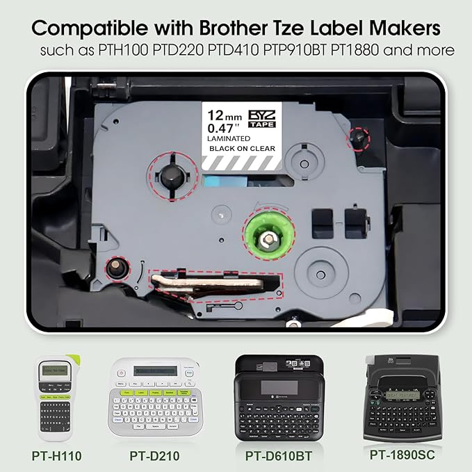 BOYEEZON 2Pack TZe-131 Label Maker Tape 12mm 0.47 Laminated Clear, Compatible for Brother P Touch TZe-131 Black on Clear Tape for PTH100 PTD210 PTD220 PTD600, 26.2'(8M)