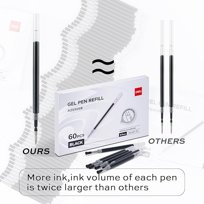 deli Gel Pen Refills, 60 Pcs Retractable Pen Refills Black Ink, Medium Point 0.7mm, Smooth Writing, Fast Dry, No Bleed for Journaling Note Taking, Home School Office Supplies