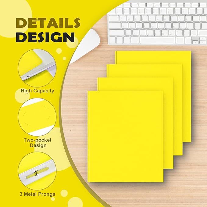 Folders with Pockets,IntoJoy 50 Pack Two Pocket Folders Business Card Holder Paper Folders with Prongs for School Office Filing Cabinet Resume Portfolio (Yellow)
