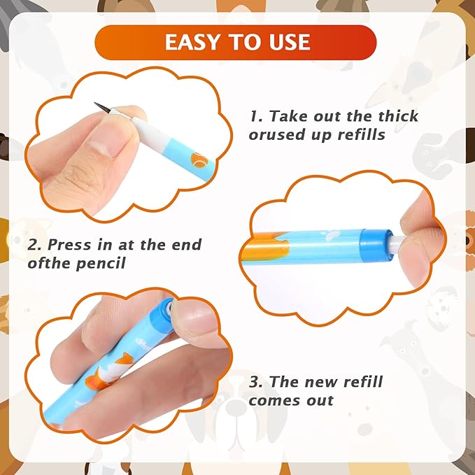 Kolewo4ever 48pcs HB Dog Pencils Kawaii Cute Multipoint Pencil Push Translucent Non Sharpening Stackable Pencils Pop Up Plastic Pencil for Classroom Rewards Carnival Prizes