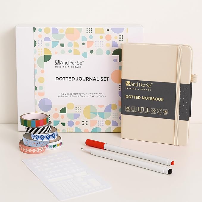 &And Per Se Dotted Journal Notebook Set, A5 Hardcover Dotted Journal (Light Apricot), 6 Fineliner Pens, 8 Sticker, 5 Stencil Sheets & 6 Washi Tapes, Journaling Supplies for Planner Schedule