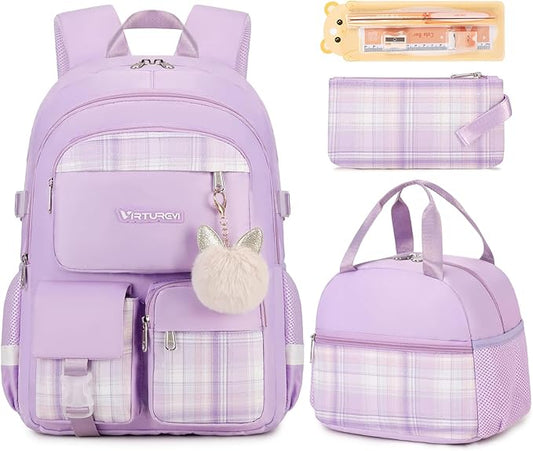 3PCS School Backpack For Student Women College Middle High Teen Girls Bookbag Waterproof Laptop Bag Plaid Purple
