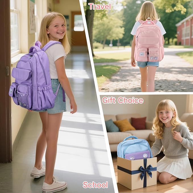 VASCHY Backpack for Girls, Cute School Bag Bookbag for Elementary Middle Schooler Teen Girls/Kids Travel with Clear Pin Pouch Purple