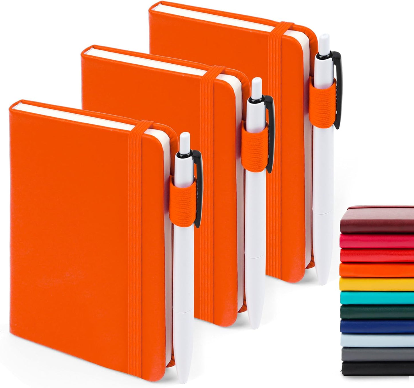 feela 3 Pack Pocket Notebook Journals with 3 Black Pens, A6 Mini Cute Small Journal Notebook Bulk Hardcover College Ruled Notepad with Pen Holder for Office School Supplies, 3.5”x 5.5”, Orange