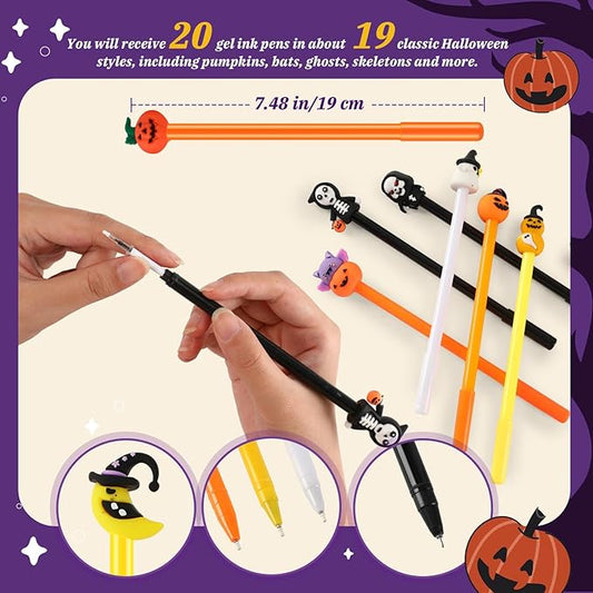 SANNIX 20pcs Halloween Cartoon Pens, Novelty Pumpkin Ghost Skull Bat Gel Ink RollerBall Pens for Halloween Birthday Party Favors Kids Gift School Home Supplies