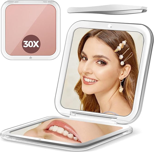 30X Magnifying Mirror, Pocket Travel Makeup Mirror, Small Compact Mirror for Women, 2-Sided Mini Mirrors for Home and Outside, Portable Multi-Purpose Travel Mirror, Precision Tweezers, Rose