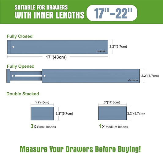 ANTOWIN Bamboo Drawer Dividers, Expandable Drawer Separators Splitter,17-22 inches Long Adjustable Spring-loaded Organizer for Large Utensil, Clothes, Tools Drawers (Blue)