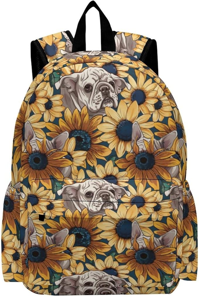 17 Inch Laptop Backpack Cartoon French Bulldog Face Sunflower Teen Girls Boys School Backpack Bags Travel Bookbag Back Pack Outdoor Daypack for Women Men
