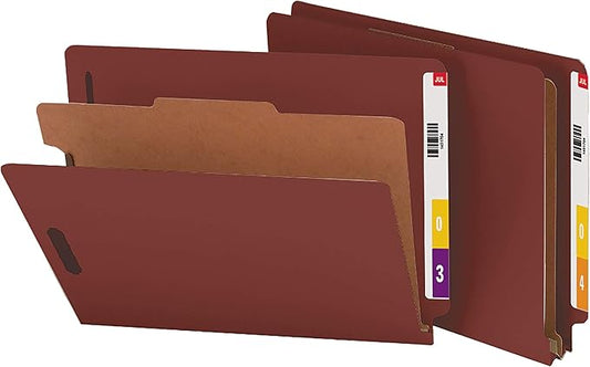 Smead 100% Recycled End Tab Pressboard Classification File Folder with SafeSHIELD Fasteners, 1 Divider, 2" Expansion, Legal Size, Red, 10 per Box (29855)