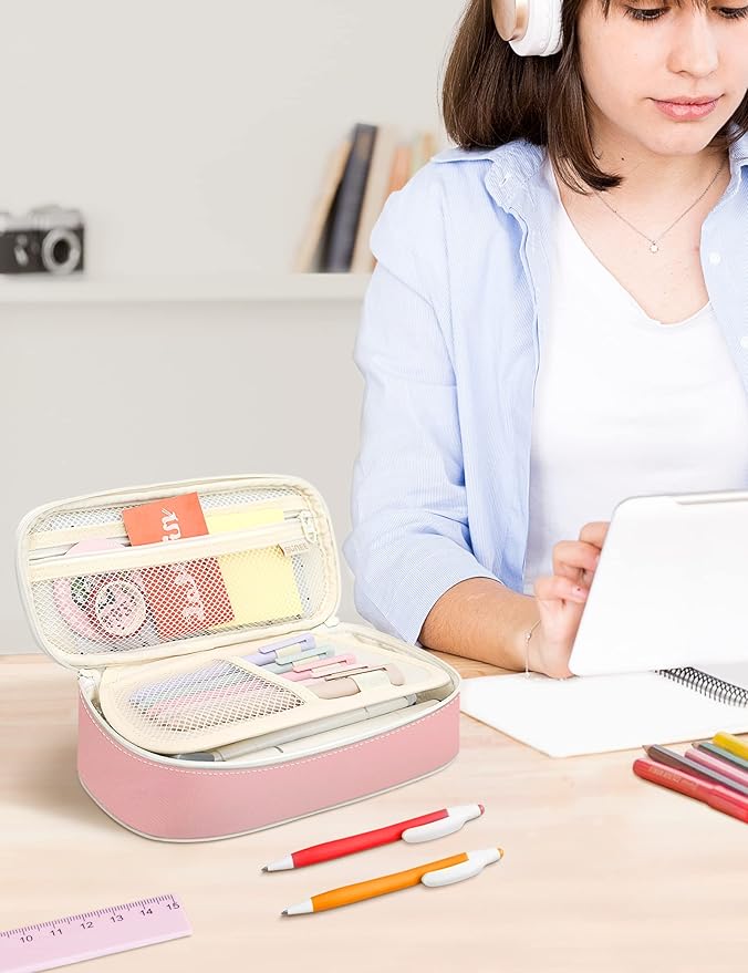 SUNEE Large Pencil Case, Cute Pen Pouch, Aesthetic Zipper Stationery Bag Large Capacity Kawaii Pen Organizer, Pink, Bag Organiser